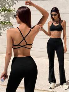 Fluxe Women Black Crisscross Back Sports Bra And High Waist Flare Leggings Two Piece Set Perfect For Gym And Yoga Includes Removable Breast Pads - Black - View 4