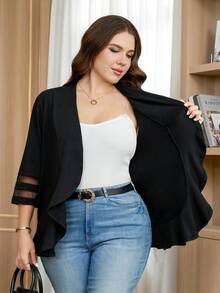 SHEIN Clasi Plus Size Elegant Commuter Mesh Patchwork Ruffle Trim Jacket Fall - Black - View 9