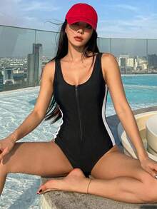 Livesso 女款拼色無袖運動保守連身泳衣 夏季海灘運動套裝 黑色 - 黑色 - 查看 2
