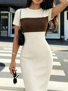 Elenzga Vestido de manga corta ajustado con costillas y contraste de color minimalista y versátil para mujer - Multicolor - Ver 2