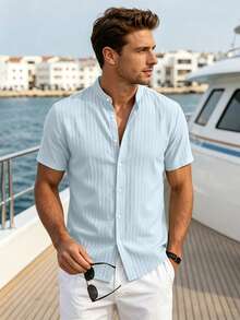 VENTUSAIL Men's Solid Colour Casual Short-Sleeve Shirt, Summer Vacation, Vintage Style For Men - Baby Blue - View 7