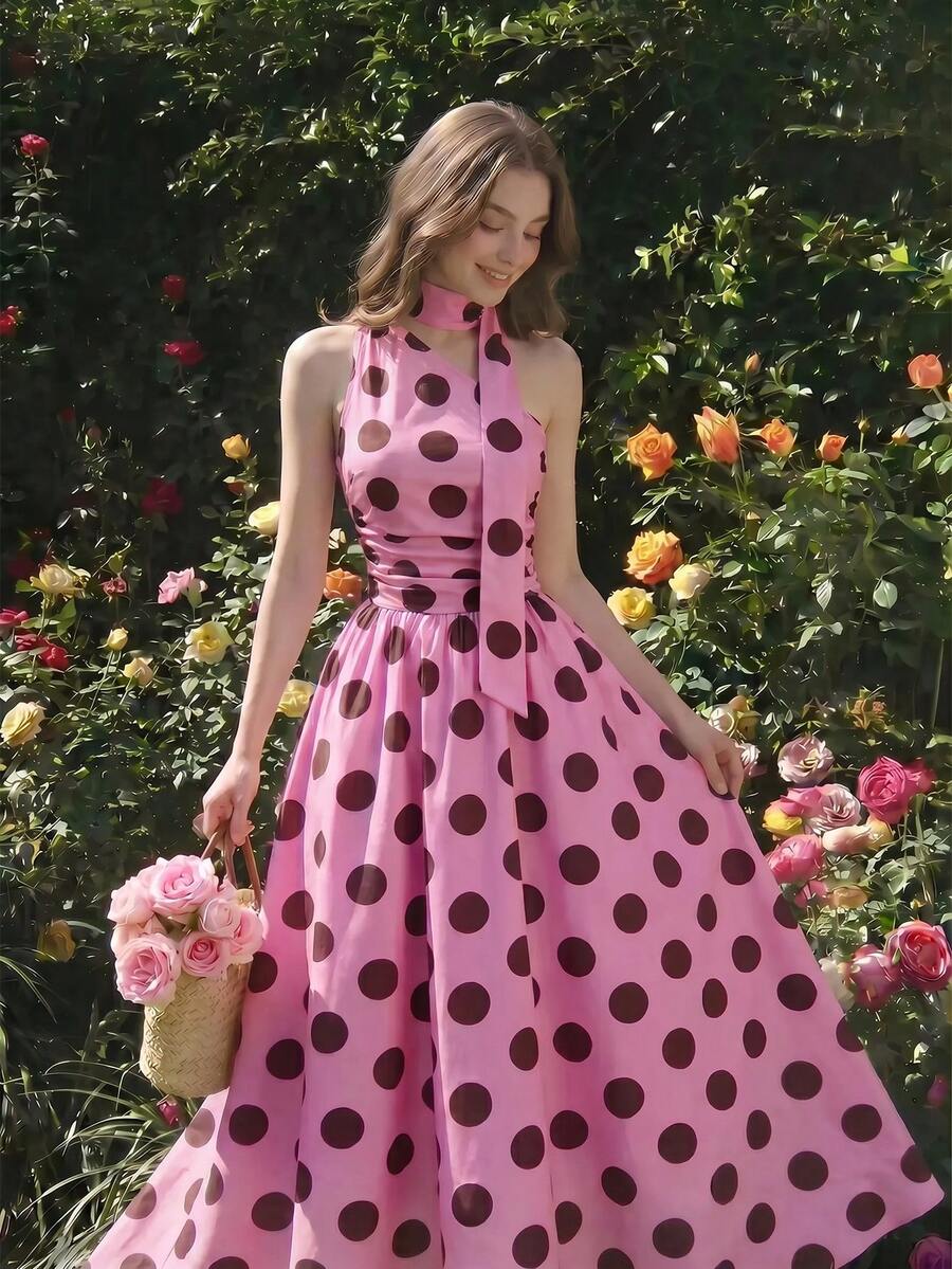 SHEIN MOD 女款粉色與棕色波點單肩抓皺優雅復古70年代浪漫收腰中長洋裝,適合派對、度假、假期夏季穿著 - 粉色 - 查看 1