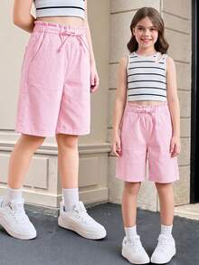 SHEIN 青少年女孩腰部綁帶口袋休閒牛仔短褲 - 粉色 - 查看 7