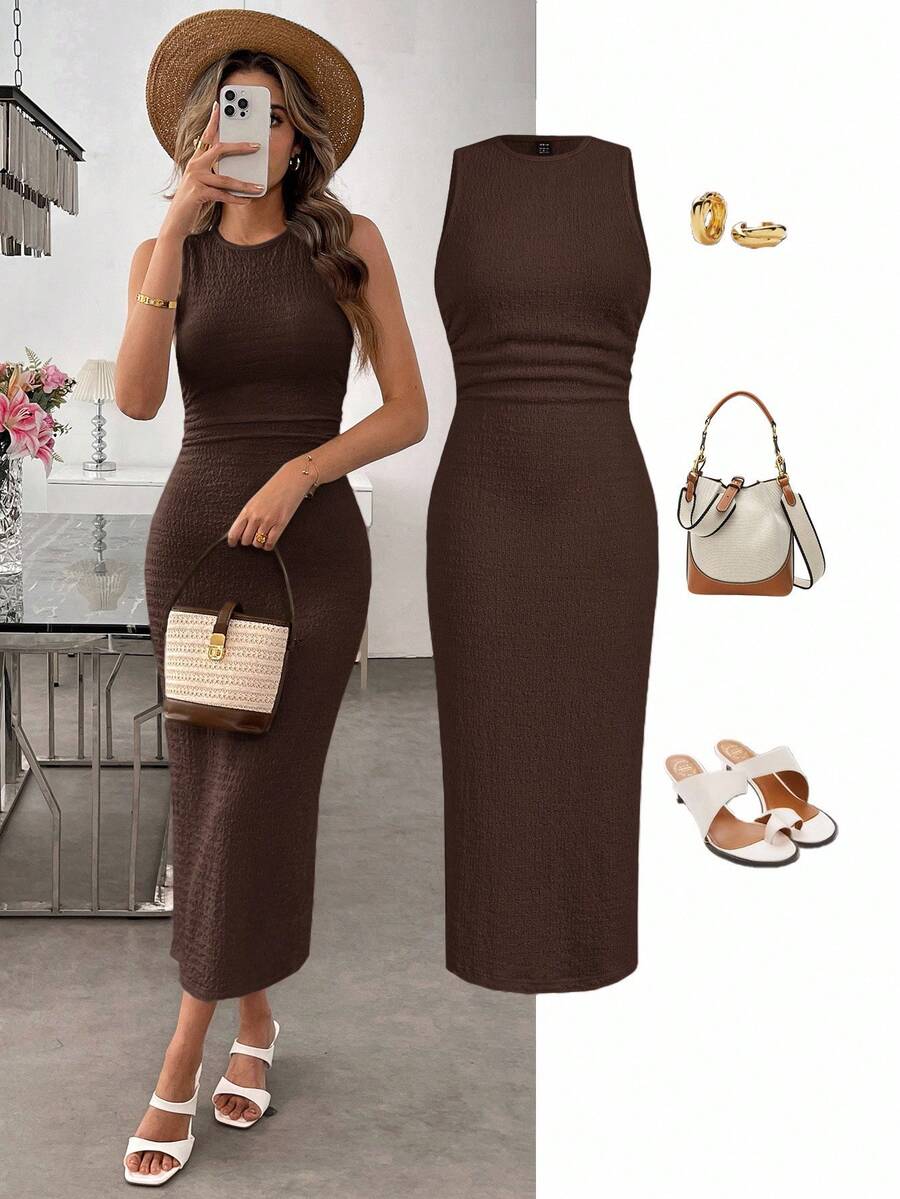 SHEIN LUNE Plus Size Women's Solid Color Round Neck Pleated Sleeveless Fitted Elegant Dress Vacation Brown Summer - Coffee Brown - View 1