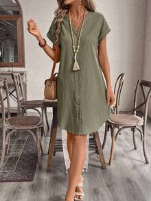 Comfylo Plus Size Casual Solid Color Front Button Dress Gym Brown - Army Green - View 4