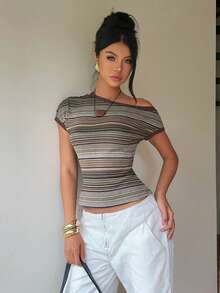 Aloruh 女款條紋不對稱肩短袖修身休閒T恤 - 彩色 - 查看 7