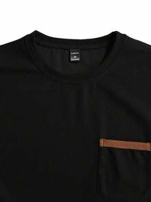 Manfinity Homme 男士大尺碼拼接色華夫格針織圓領短袖口袋T恤 - 黑色 - 查看 3