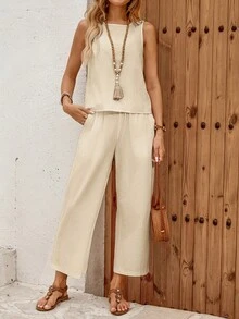 EMERY ROSE Women's Solid Color Sleeveless Blouse With Single-Row Back Button Design And Pants Casual 2-Piece Set Vacation Orange Summer - Camel - View 5
