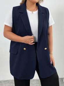 SHEIN CURVE+ 大尺碼翻領雙排扣背心西裝外套 工作服 畢業返校穿搭 - 藏蓝色 - 查看 4