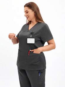 TaskEZ Scrub Tops For Women - Sweetheart V-Neck Scrub Top ,Women Short Sleeve V-Neck Nurse Uniform - Grey - View 6