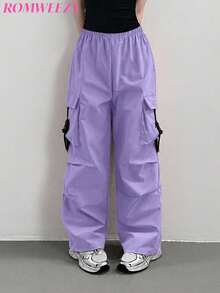 Tween Girls' Elastic Waist Cargo Pocket Pleated Loose Leg Pants - Purple - View 3