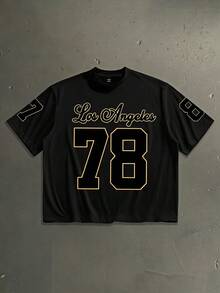 StoneGrade Plus Size Men's Summer Casual Letter & Numeric Print T-Shirt - Black - View 2