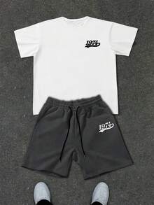 Manfinity EMRG Conjunto de camiseta con estampado de personaje vintage de calle y pantalones cortos con cintura de cordón para hombre - Multicolor - Ver 4