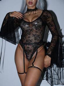 AltCore/2pcs Gothic Style Sheer Lace Bell Sleeve Bow Garter Sexy Jumpsuit For Women - Black - View 5
