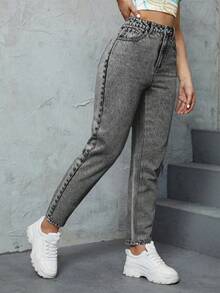 SHEIN ICON 女款休閒百搭牛仔Mom牛仔褲，附口袋 - 灰色 - 查看 6