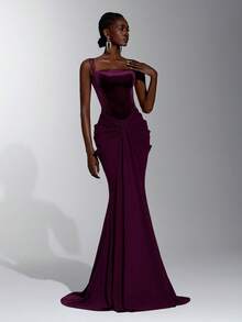 Elitara Elegantes minimalistisches Mode-Abendkleid für Damen in Dunkellila, elastisches Mesh, Neckholder, Samt, figurbetont, plissiert, lang, formell - Bordeaux - Übersicht 8