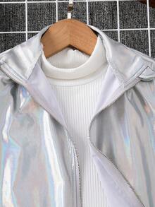 SHEIN Young Girls YoungGirl 休閒梭織純色長袖短版夾克，日常穿著 Y2K 女孩金屬感夾克，Y2K 銀色夾克返校秋季款 - 銀色 - 查看 8