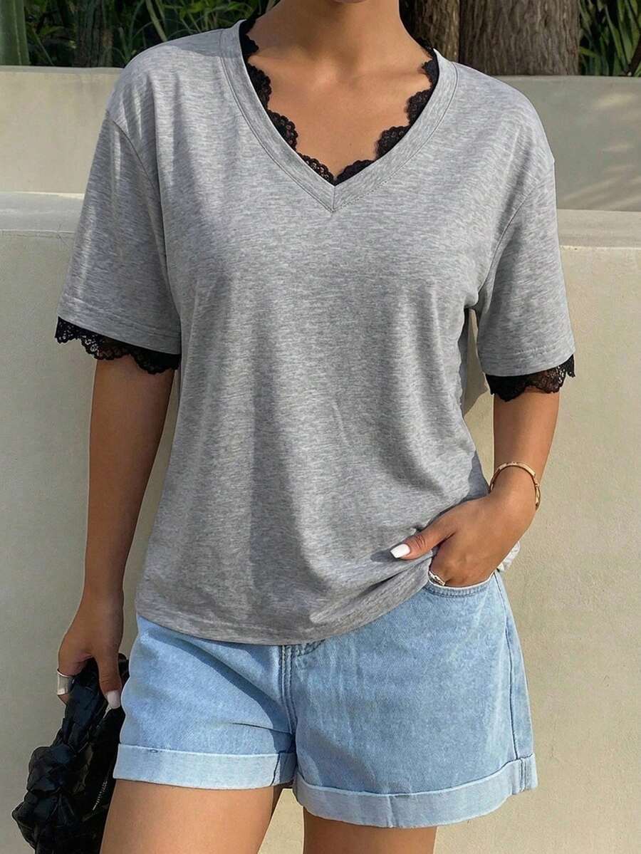 DAZY Women's Contrast Lace V-Neck Casual Short Sleeve T-Shirt - Grey - View 1