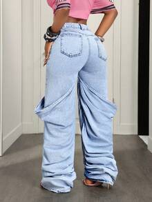 SHEIN VaVaLuxe Casual Streetwear Outdoor Ruched Design Women's Jeans Going Out Night Out Light Blue Summer - Blue - View 3