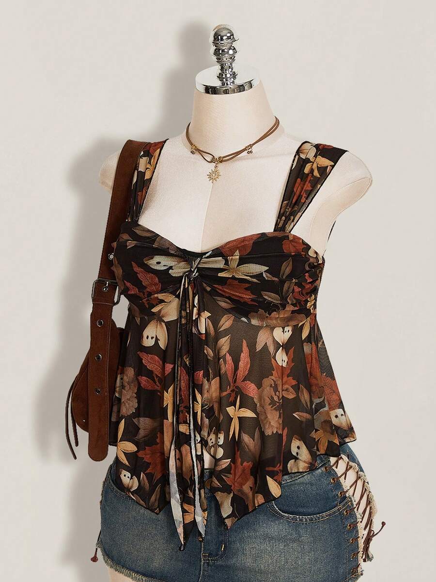 SHEIN ICON 女款度假植物印花不對稱下擺背心上衣 - 彩色 - 查看 1