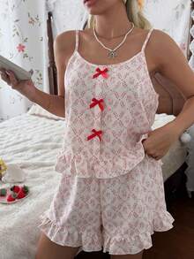 CottageSlumber Women's Red Ruffle Trim Patchwork Bowknot Camisole & Shorts Pajama Set - Multicolor - View 1