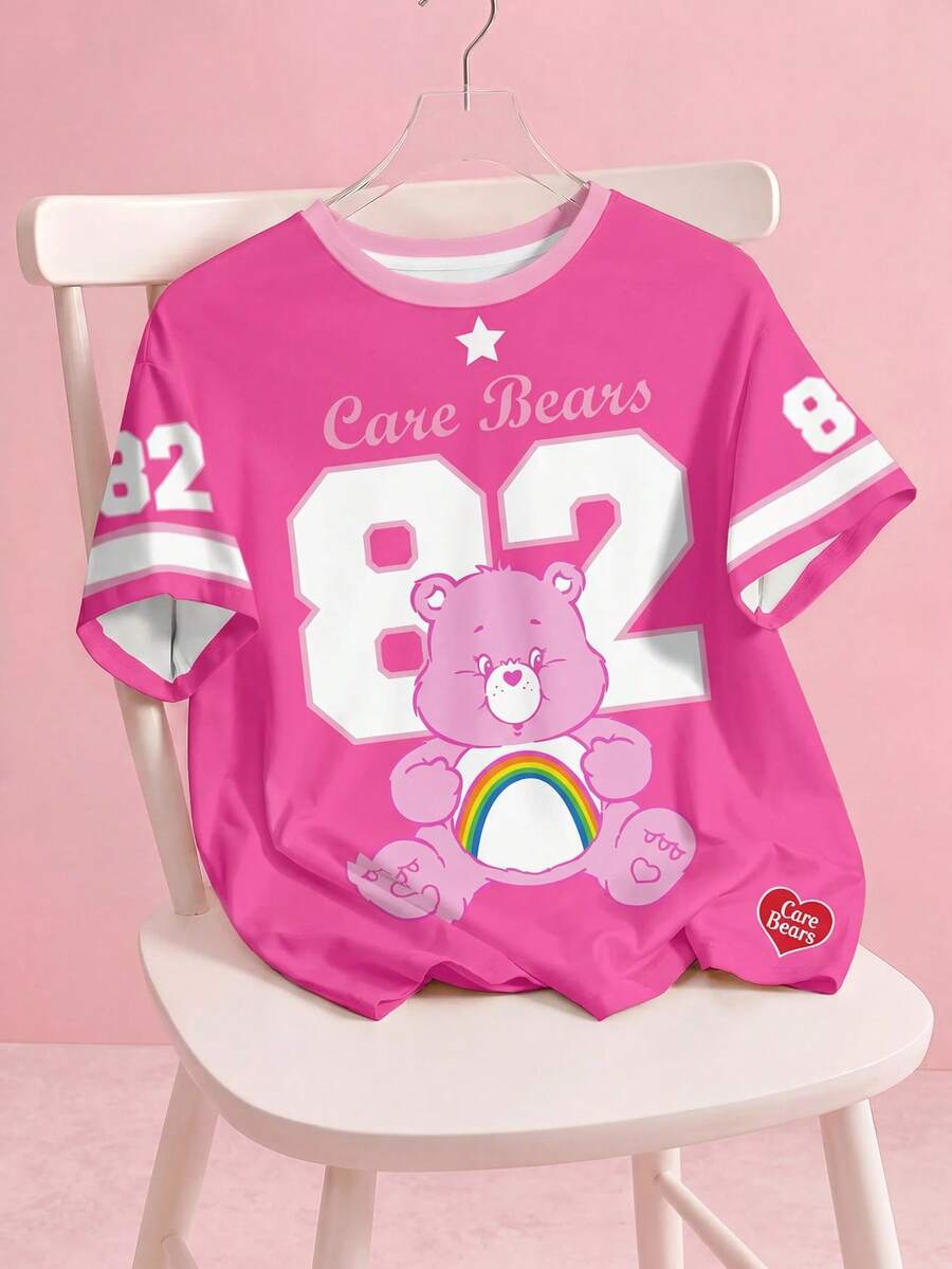 SHEIN X Care Bears 女士休闲数字和熊印花圆领短袖T恤,夏季 - 白色 - 查看 1