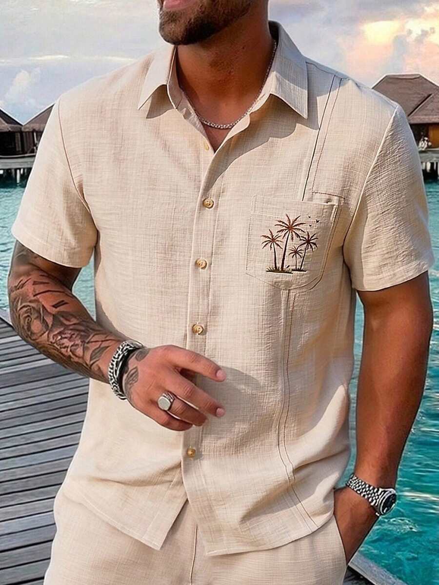 VENTUSAIL 男士休閒卡其色椰子樹印花襯衫,夏季短袖棕褐色棕櫚樹口袋度假假日襯衫,海灘度假風,復古島嶼風 - 卡其色 - 查看 1