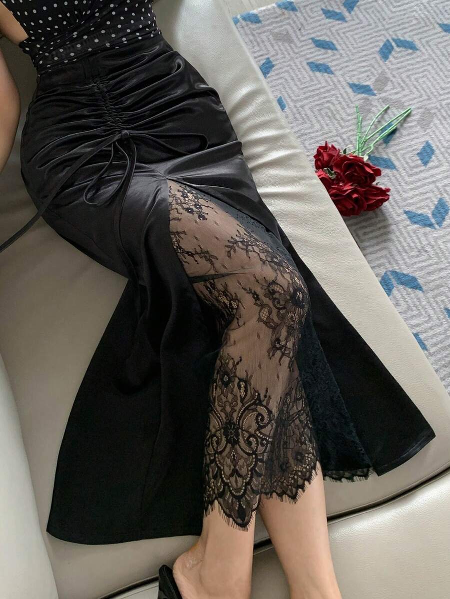 DAZY 夏季休閒優雅蕾絲拼接裙 - 黑色 - 查看 1