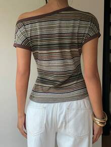 Aloruh 女款條紋不對稱肩短袖修身休閒T恤 - 彩色 - 查看 2