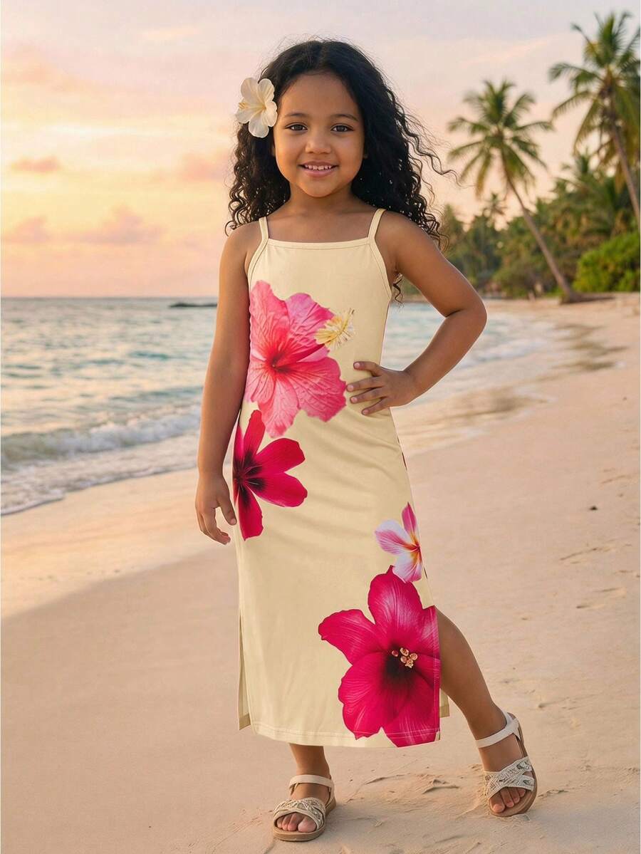 SHEIN 少女夏季海灘度假修身休閒簡約舒適花卉印花細肩帶洋裝,柔軟舒適,適合音樂節 - 黃色 - 查看 1