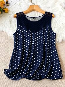 SHEIN LUNE Plus Size Women's Polka Dot Print Contrast Lace Round Neck Tank Top - Multicolor - View 1