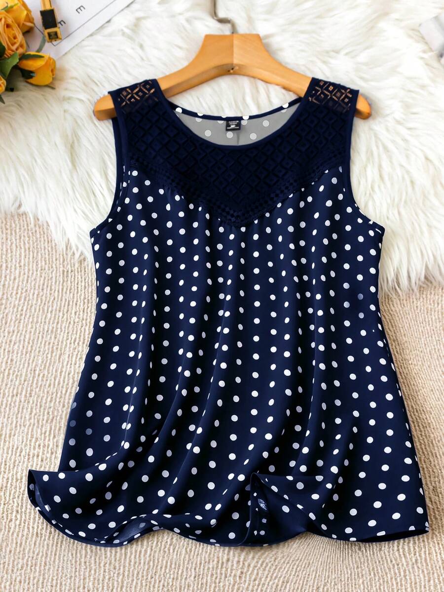 SHEIN LUNE Plus Size Women's Polka Dot Print Contrast Lace Round Neck Tank Top - Multicolor - View 1