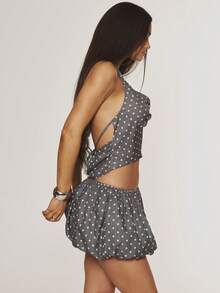 MUSERA Black Polka Dot Linen Feel Halterneck Cowl Neck Crop Top - Brown - View 4