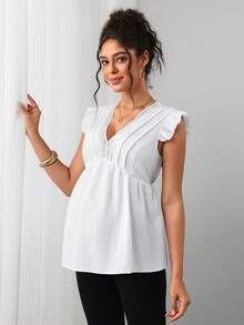 SHEIN Maternity Summer Casual Elegant Normal Solid Color Lace Patchwork Blouse Babyshower Allover White - White - View 4