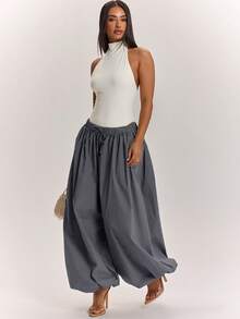 SHEIN BAE Women's Plaid Loose Lantern Sleeve Waist Tie Long Pants Vacation Black Gingham Autumn Casual - Navy Blue - View 7