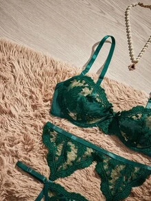 Spicy Aura 4件套女士性感内衣套装 - 墨綠色 - 查看 3
