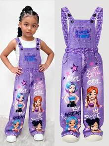 Mono de peto para niñas jóvenes con estampado de denim, detalle de cadena y estampado divertido de letras, atuendo de moda para volver a la escuela, primavera verano otoño, arcoíris púrpura - Morado - Ver 8