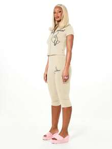 BABYPHAT Parte superior de jersey con cuello alto y cremallera de manga corta con estampado de texto, cómoda y ajustada para uso casual - Crema - Ver 4
