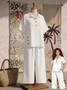 Rusticease Plus Size Solid Color Casual Soft Form Traditional Elegant Vacation Shirt And Pants 2 Pieces Set Allover White Summer - White - View 8