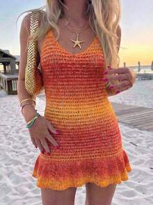 Selianne Spring/Summer Vacation Sunset Gradient Spaghetti Strap Dress, V-Neck Thin Shoulder Strap Fitted Bodycon Mini Dress With Ruffle Hem, Beach Holiday Party Date Sexy Girl Sweater Dress - Orange - View 5