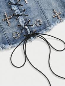 ROMWE Grunge Punk ملابس علوية جينز نسائية مقاس كبير بقصة ضيقة وياقة هالتر مزينة بصليب معدني بطابع فينتاج مثير وثقافة فرعية - الأزرق - مشاهدة 3