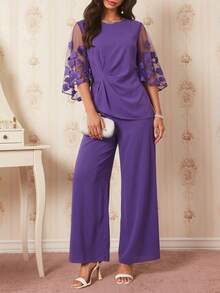 Amorya 2pcs Women Embroidered Ruffle Top And Casual Pants Set - Purple - View 5