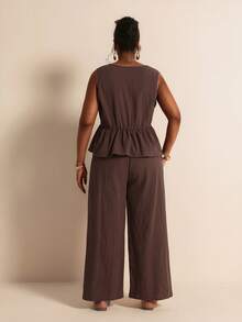 Elaquor Plus Size Women Solid Color Waist Tie Sleeveless Blouse And Wide Leg Pants Casual 2-Piece Set Summer Vacation Going Out Business Two Piece Set Brown - Coffee Brown - View 2