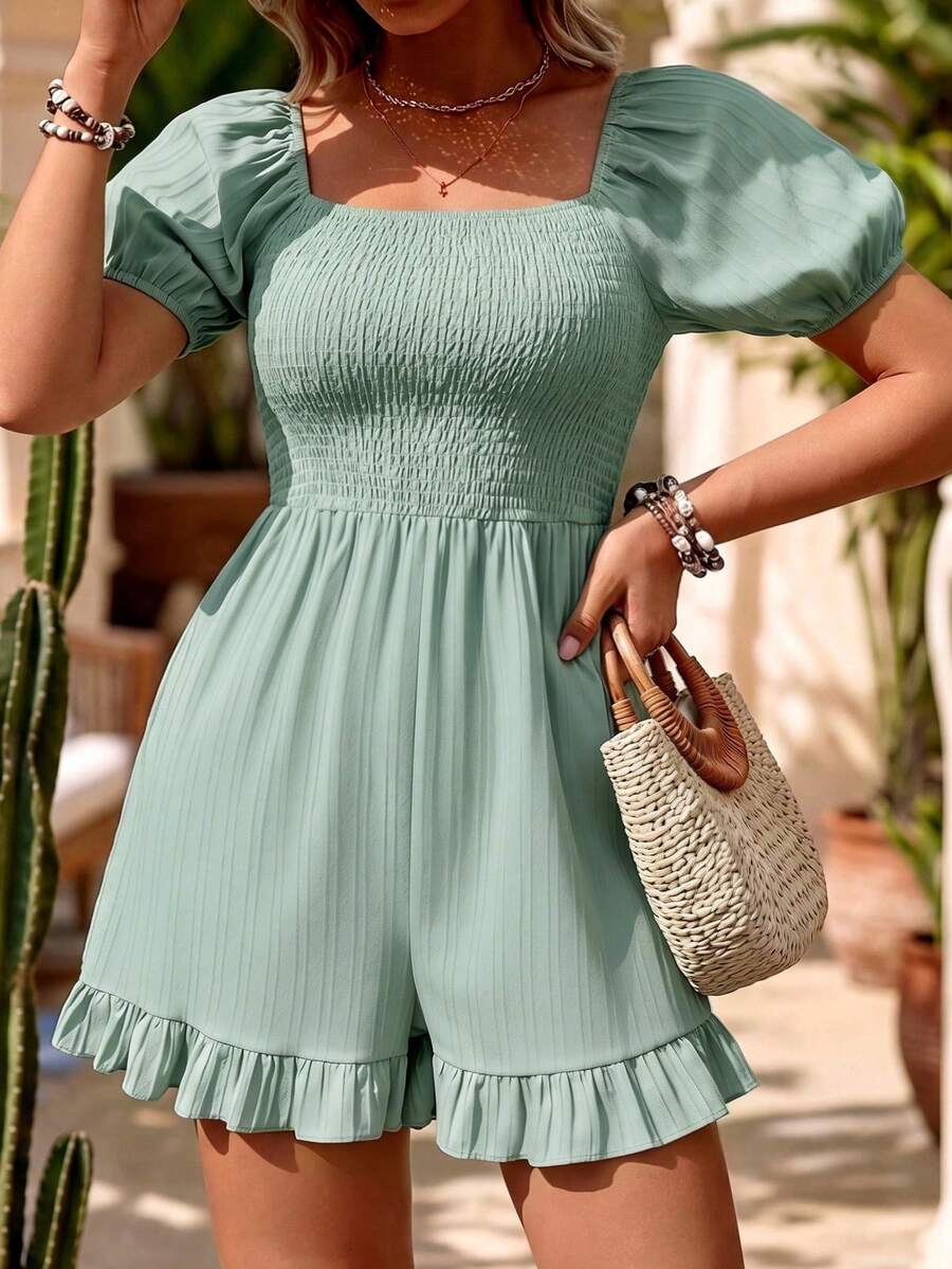Breezaya Plus Size Women Elastic Sleeve Ruffle Front & Back Jumpsuit, Casual Solid Color Short Wide Leg Romper, Vacation Style - Green - View 1