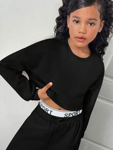 SHEIN Tween Girl Casual Loose Kids Drop Shoulder Sweatshirt With Letter Sweatpants Long Autumn Pants Set, Suitable For Daily Wear, Outings And School - Black - View 5