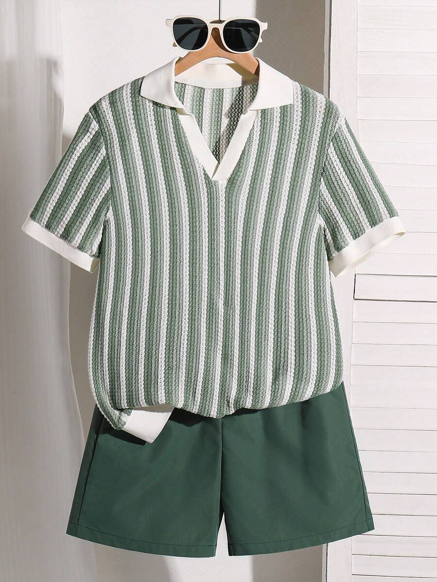 Mirajuku Jungen Sommer Waffelstreifen Kurzarm T-Shirt und Shorts 2 Stücke Set, entworfen für aktive Jungen, aus hochwertigem Waffelstoff zum Schutz empfindlicher Haut, einzigartige Waffeltextur verleiht modischen Touch - Grün - Übersicht 1