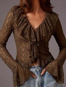 Athîral Women's Elegant Solid Color Lace Ruffle Long Dress - Coffee - View 5