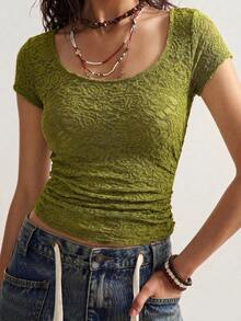 Bohemela T-shirt de malha casual de cor lisa para mulher - Verde Azeitona - Ver 5