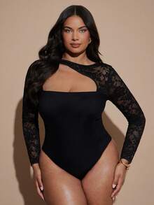 SHEIN BAE CURVE 大尺碼女款黑色蕾絲拼接長袖連身衣，優雅性感連身衣 - 黑色 - 查看 3