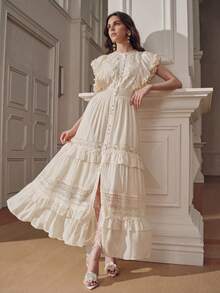Anewsta Vestido de mujer con cuello de pie, encaje, volantes en la cintura y capas de color marfil - Beis - Ver 1